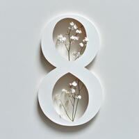 Decorative white number eight with delicate flowers displayed on a plain background photo