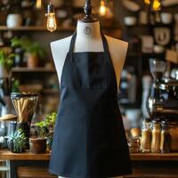 Stylish black apron displayed in a modern cafe setting with warm lighting photo