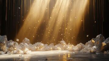 Sparkling gems reflect light in a glamorous setting filled with shimmering particles photo