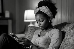 Young woman with curly hair using smartphone in a cozy indoor setting with warm lighting photo