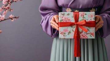 Beautifully wrapped gift held by individual in traditional attire in a cultural setting photo