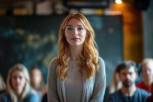Young woman attentively listening during a presentation at a modern indoor event space photo