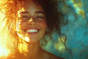 Smiling woman wearing glasses and a cozy sweater against a blue background photo