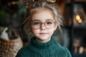 Cute girl in green sweater with glasses showing a charming smile indoors at a cozy location photo