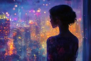 Woman gazing through a rain-soaked window at a vibrant city skyline in the evening photo