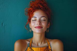 Young woman with orange hair and freckles, working in a rustic caf setting during daylight hours photo