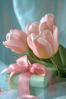 Beautiful bouquet of pink tulips arranged with a gift box on a light blue background photo
