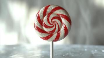 Bright red and white striped lollipop on a stick with blurred candy background photo