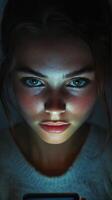 Young woman engaged with smartphone in dimly lit setting at night photo