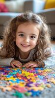 Young child enjoys assembling colorful puzzle pieces on the living room floor during daylight hours photo