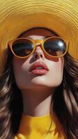 Bright summer fashion with a model in yellow hat and sunglasses photo