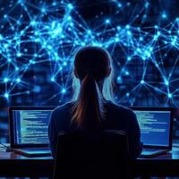 Professional woman coding at night with glowing data network in background photo