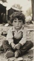 Young boy sitting cross-legged on the street wearing a warm scarf and sweater in a busy urban area photo