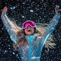 Excitement during a snowstorm at a ski resort with joyful skier in colorful winter gear photo
