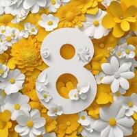 Floral arrangement featuring white and yellow flowers around a number eight on bright background photo