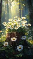 Sunlight filtering through trees above a wooden stump surrounded by blooming daisies in a forest photo