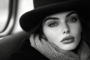 Young woman with hat and scarf gazing out of a bus window on a winter day photo