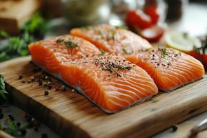 Fresh salmon fillets prepared on a wooden cutting board with herbs and spices photo