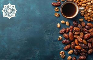 Warm cup of coffee with dried fruits and nuts on a vibrant blue surface photo