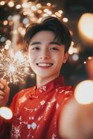 Celebrating with sparkles and joy in a festive atmosphere during the evening festivity photo