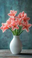 Beautiful bouquet of pink lilies in a white vase illuminated by natural light by the window photo