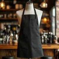 Stylish black apron displayed in a modern cafe setting with warm lighting photo