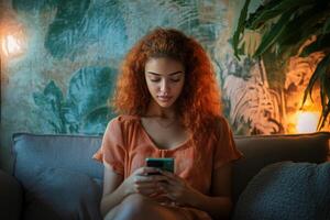 Young woman with curly hair using smartphone in a cozy indoor setting with warm lighting photo