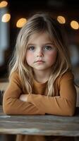 Young girl with long hair sitting at a wooden table in a cozy indoor setting photo
