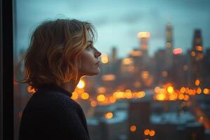 Woman gazing through a rain-soaked window at a vibrant city skyline in the evening photo