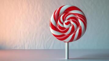 Bright red and white striped lollipop on a stick with blurred candy background photo