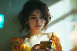 Young woman engaged with smartphone in warm light creating a serene moment photo