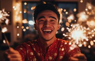 Celebrating with joy and sparklers at a festive gathering in the evening photo