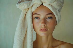 Woman with towel wrapped hair poses with natural beauty in soft lighting photo