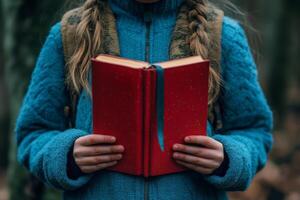 Vintage book held by a girl in a rustic setting, showcasing classic design and historical charm photo