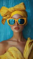 Bright summer fashion with a model in yellow hat and sunglasses photo