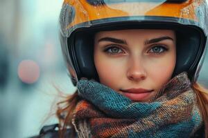 Winter motorcycle rider with helmet and colorful scarf in urban setting photo