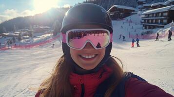 Smiling skier enjoys winter day on snowy slopes in mountain resort during bright sunshine photo