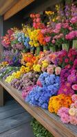 Vibrant display of various flowers against a rustic wooden backdrop in bright natural light photo