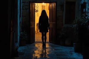 Silhouette of a woman entering a warmly lit doorway in a quiet alleyway at night photo