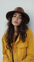 Young woman in a brown hat and yellow jacket against a white background expressing confidence and style photo