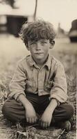 Young boy sitting cross-legged on the street wearing a warm scarf and sweater in a busy urban area photo