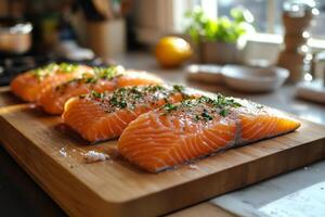 Fresh salmon fillets prepared on a wooden cutting board with herbs and spices photo