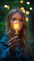 Girl holding glowing light bulb in a forest during sunset photo