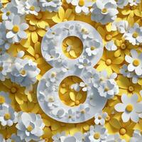 Floral arrangement featuring white and yellow flowers around a number eight on bright background photo