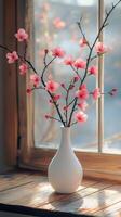 Beautiful bouquet of pink lilies in a white vase illuminated by natural light by the window photo