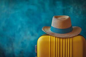 Vintage yellow suitcase with a straw hat resting on top against a simple green background photo