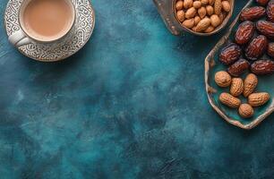 Warm cup of coffee with dried fruits and nuts on a vibrant blue surface photo