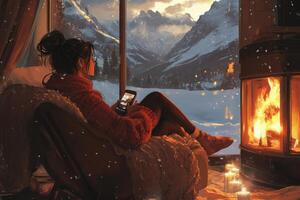 Cozy evening by the fireplace with warm light illuminating the room photo