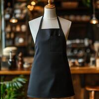 Stylish black apron displayed in a modern cafe setting with warm lighting photo