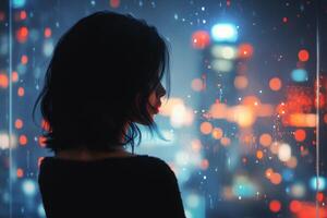 Woman gazing through a rain-soaked window at a vibrant city skyline in the evening photo